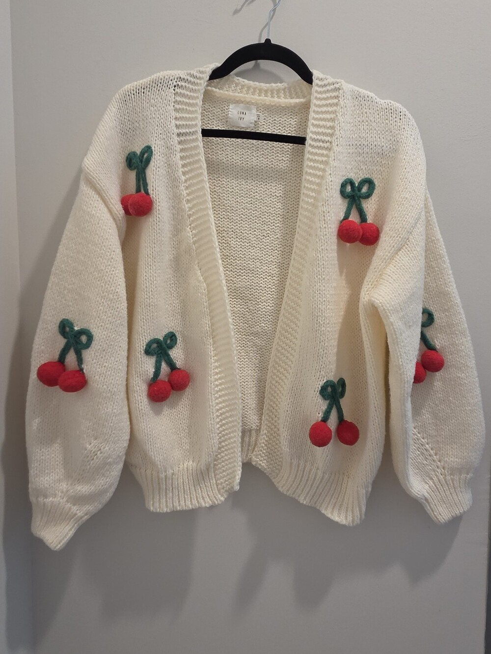 Luna Ivy Cherry Pom-pom Knit Cardigan Sweater | Cream Open Front Balloon Sleeve